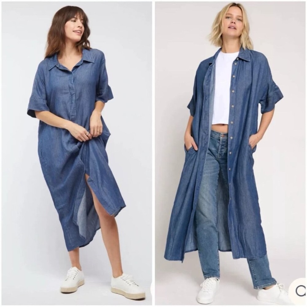 Oliver Logan Oversized Vista Tunic Maxi Dress Denim Short Sleeve - Minimalist‎